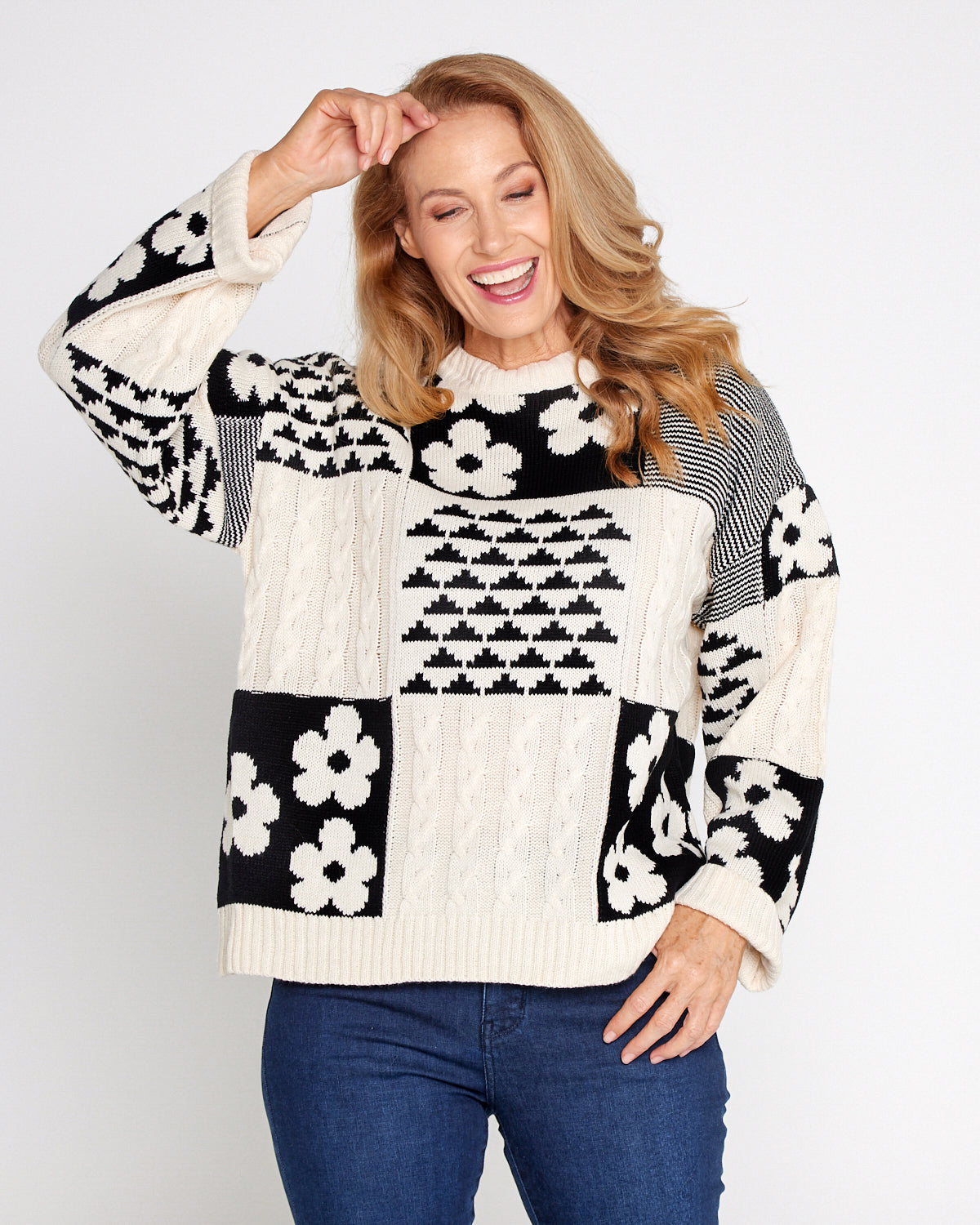 Abby Cable Knit - Cream/Black Floral Patch