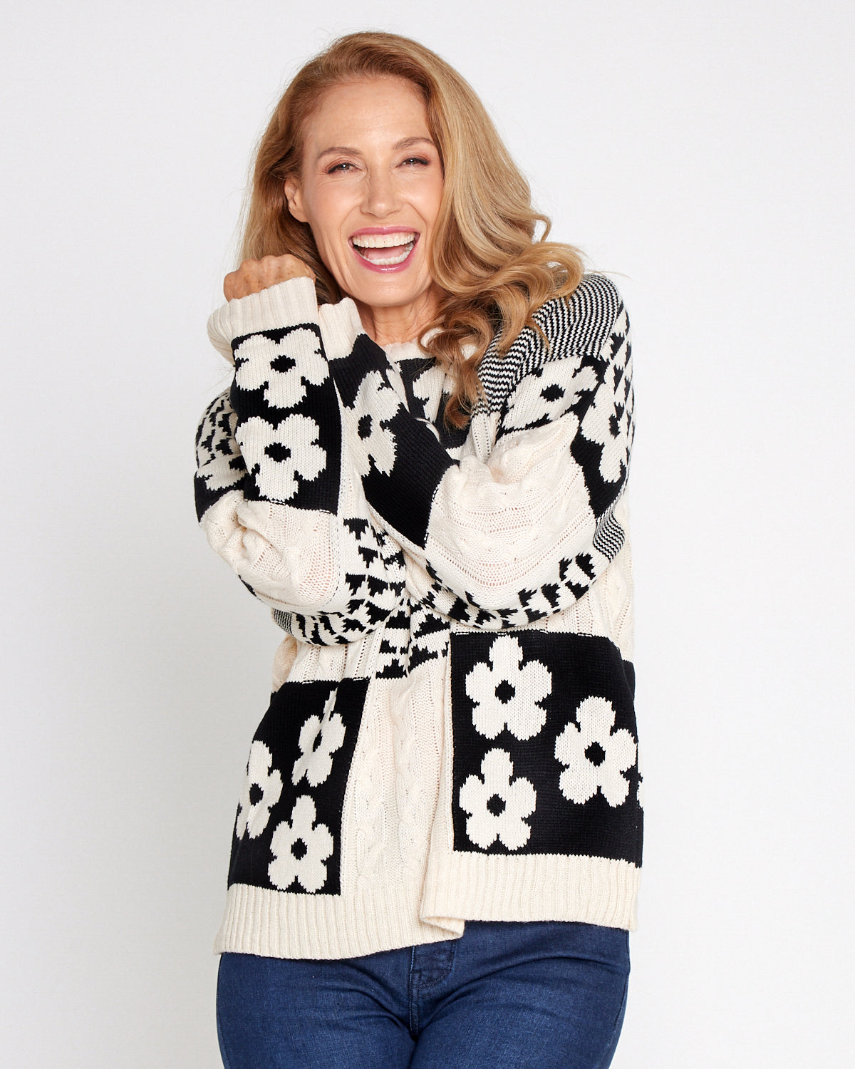 Abby Cable Knit - Cream/Black Floral Patch
