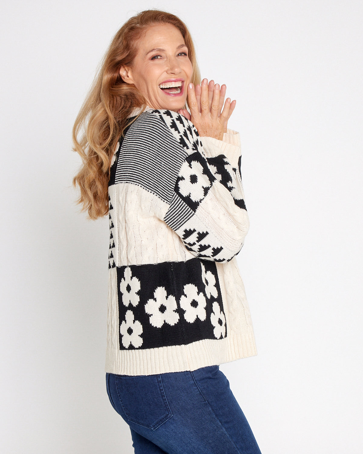 Abby Cable Knit - Cream/Black Floral Patch