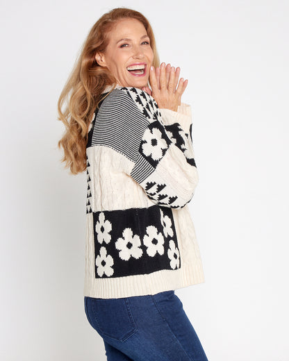 Abby Cable Knit - Cream/Black Floral Patch
