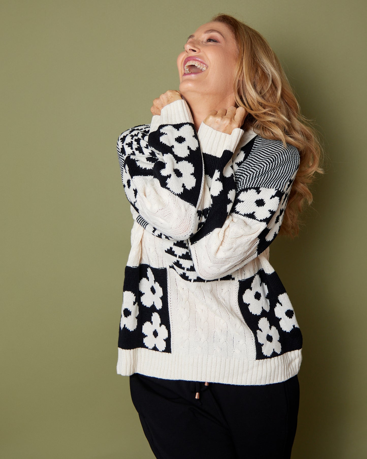 Abby Cable Knit - Cream/Black Floral Patch