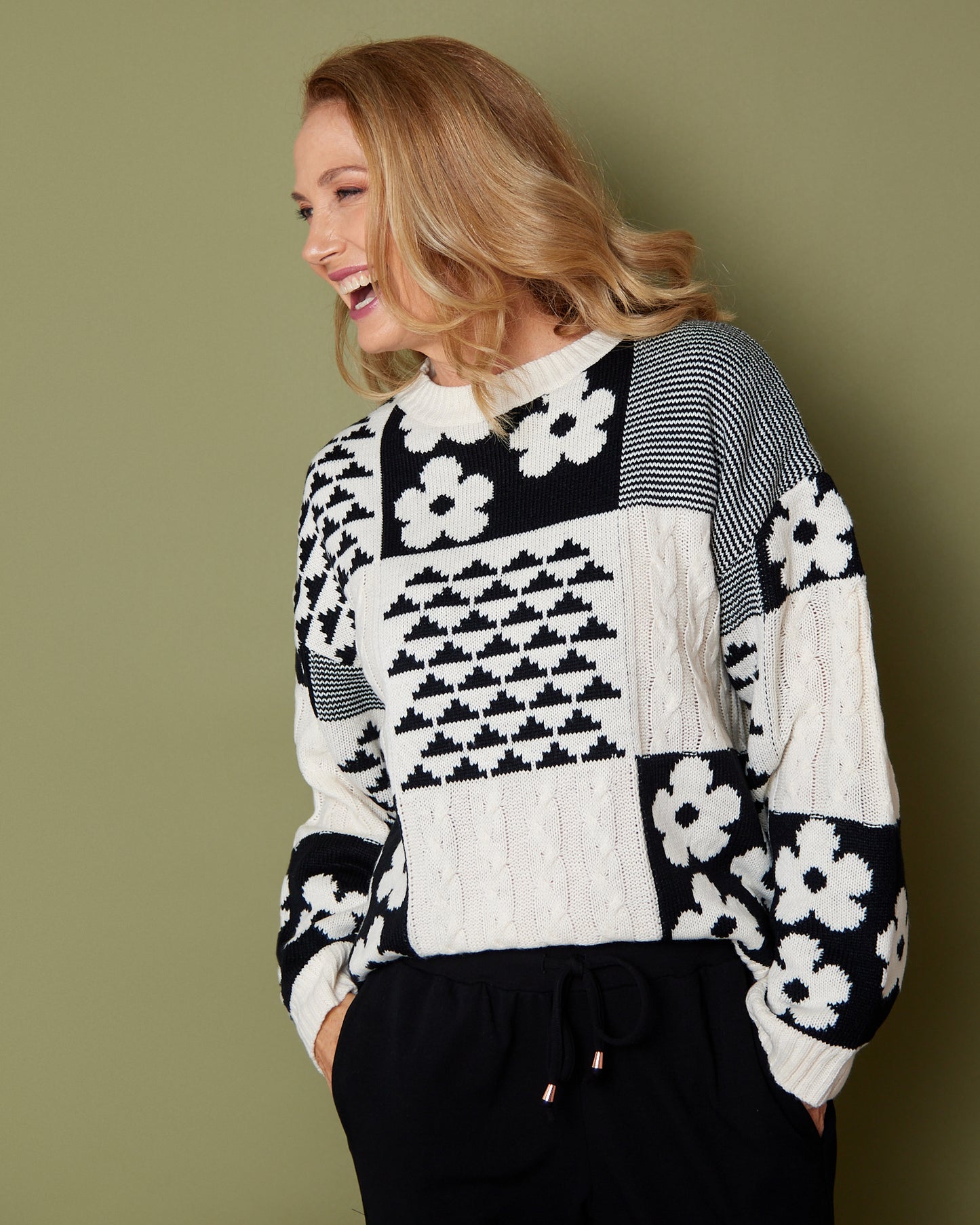 Abby Cable Knit - Cream/Black Floral Patch
