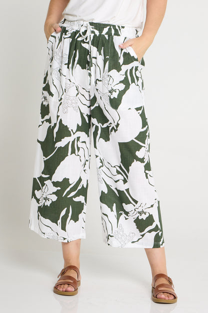 Aiko Linen Pants - White/Dark Green Floral Print