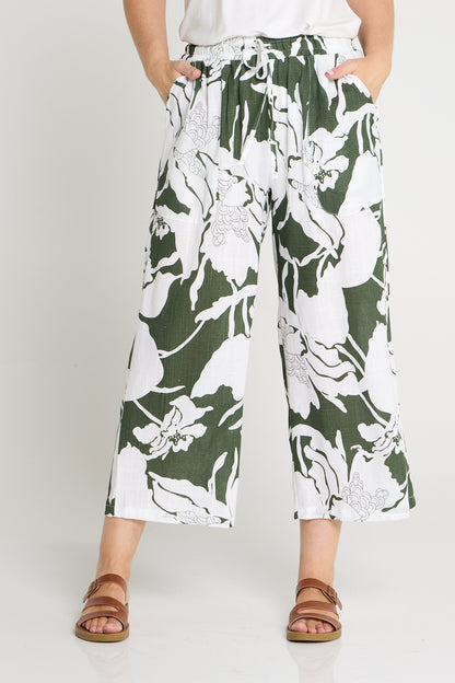 Aiko Linen Pants - White/Dark Green Floral Print