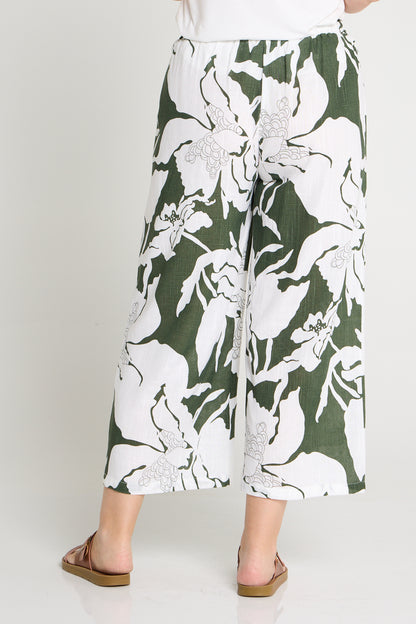 Aiko Linen Pants - White/Dark Green Floral Print