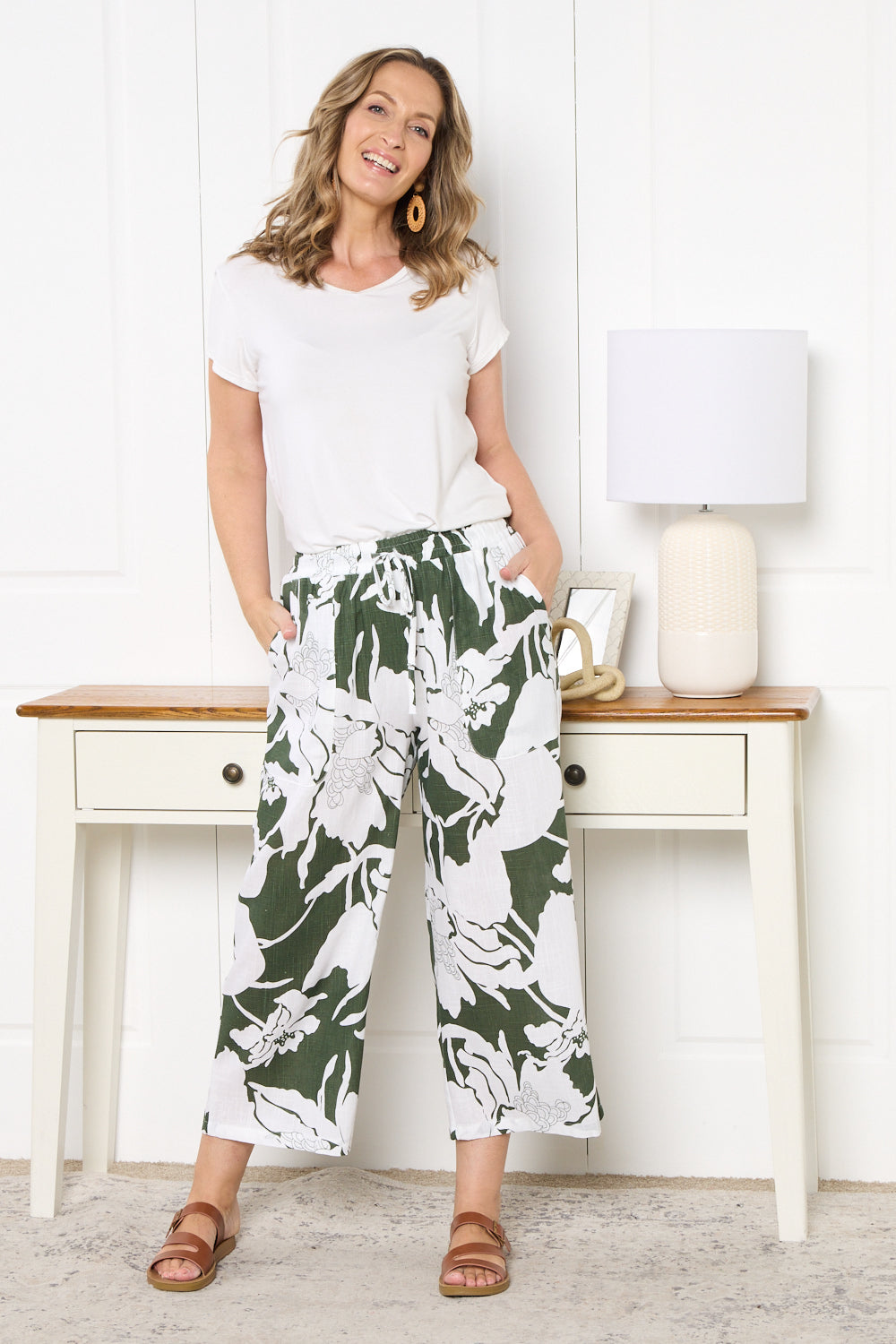 Aiko Linen Pants - White/Dark Green Floral Print