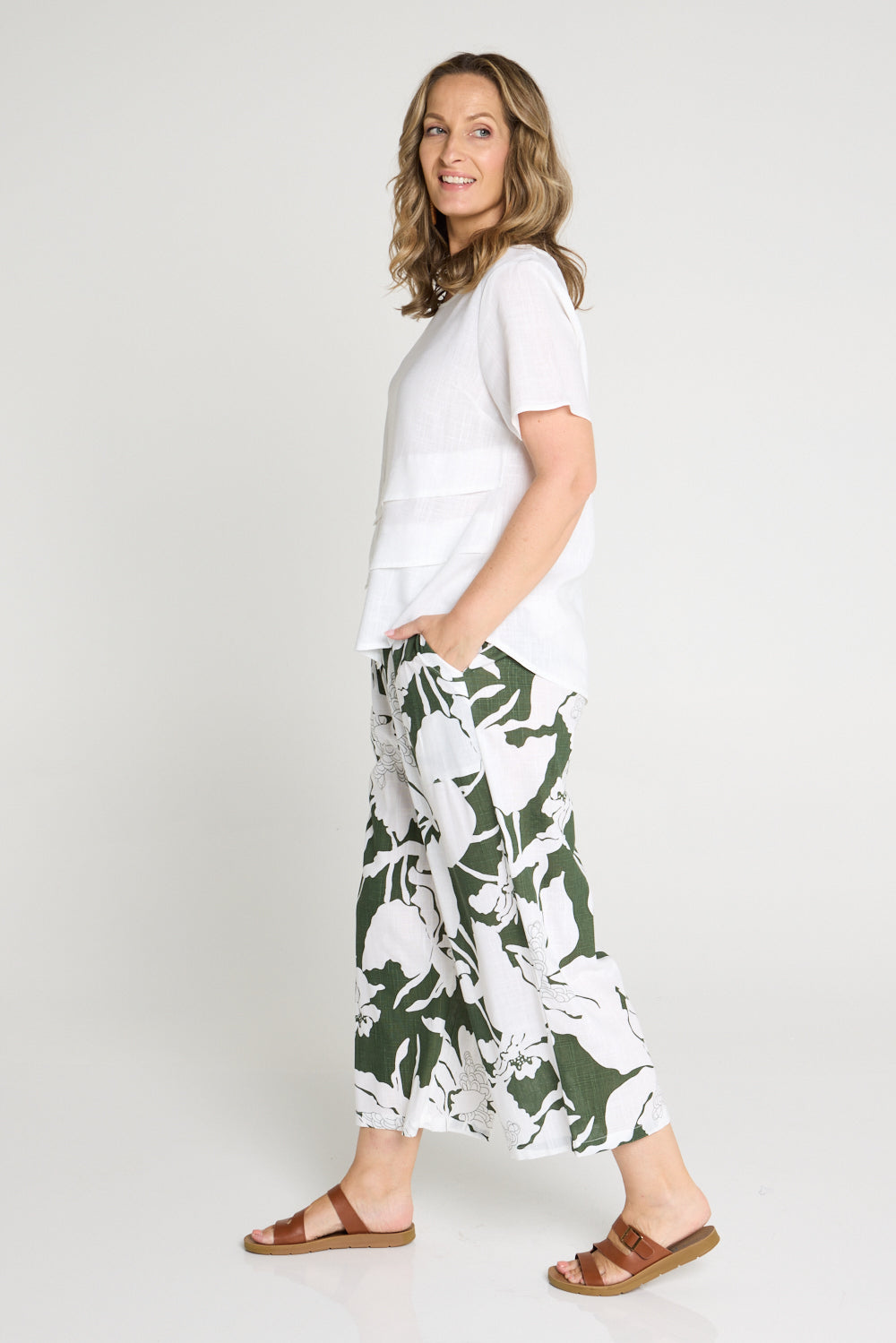 Aiko Linen Pants - White/Dark Green Floral Print