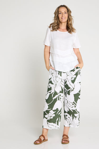 Aiko Linen Pants - White/Dark Green Floral Print