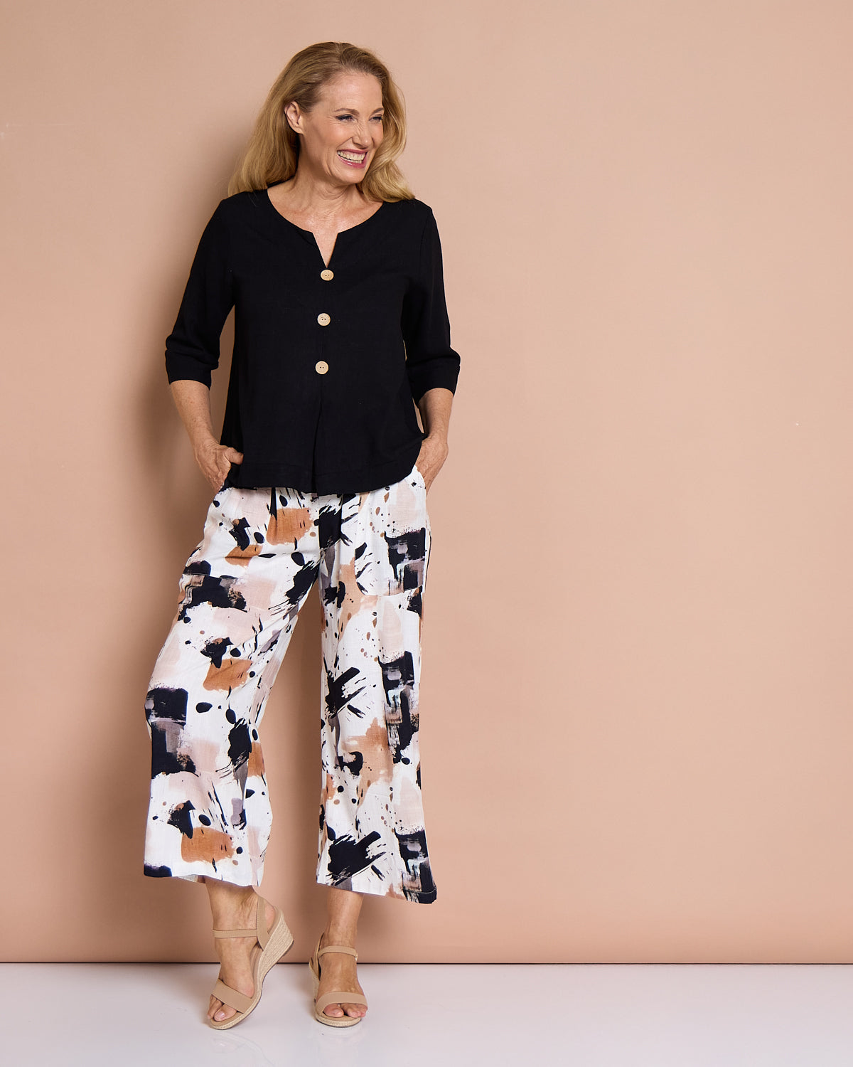Aiko Linen Pants - Espresso Abstract