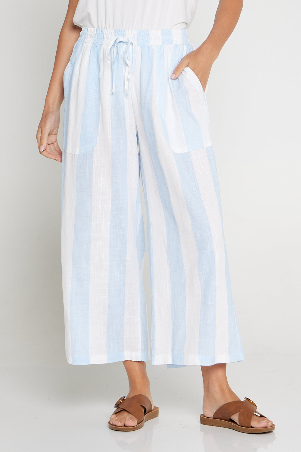 Aiko Linen Pants - Sky Blue/White Stripe