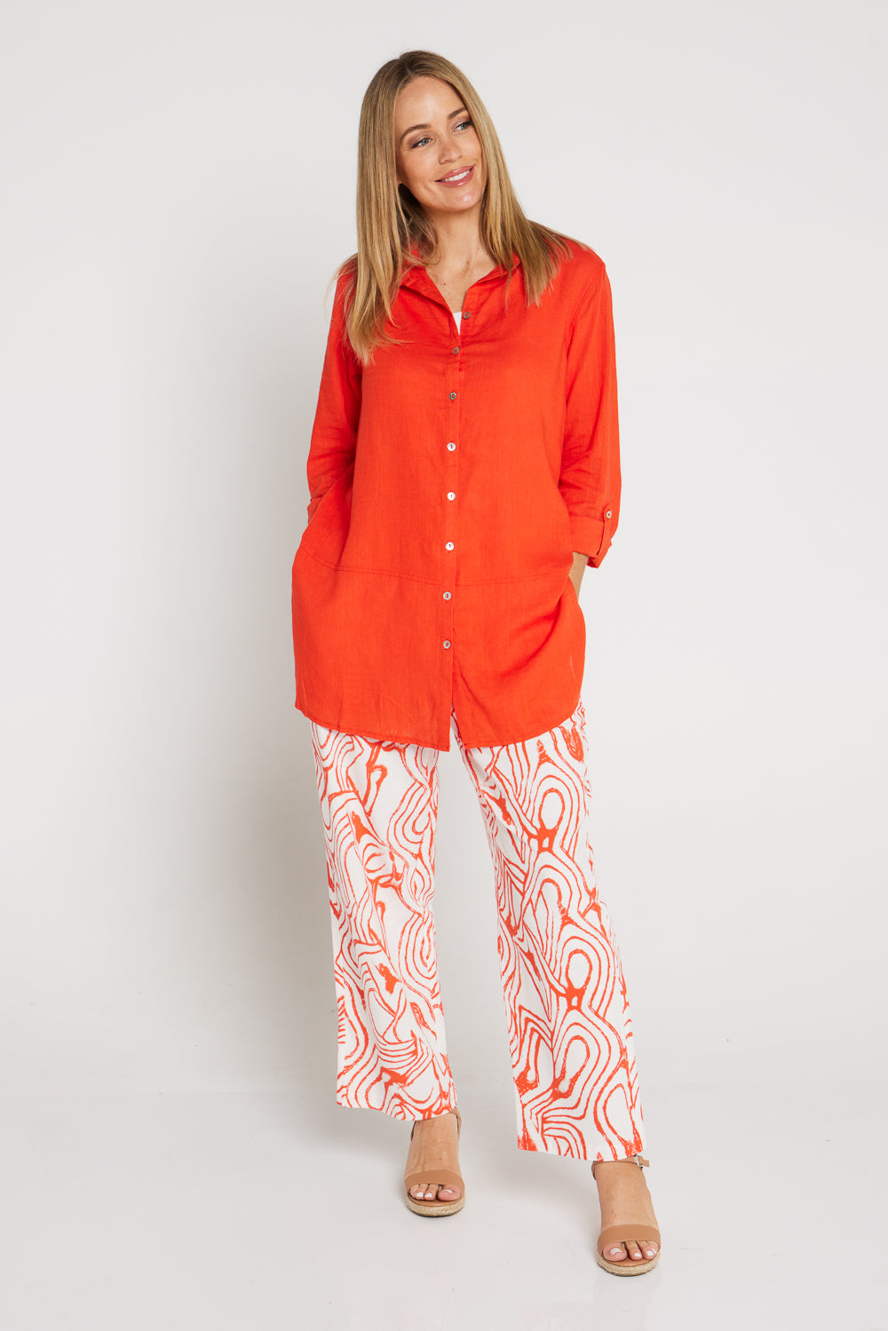 Simone Linen Shirt - Orange Red