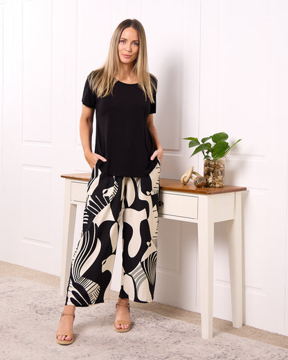 Amanda Wide Leg Pants - Black/Cream Print