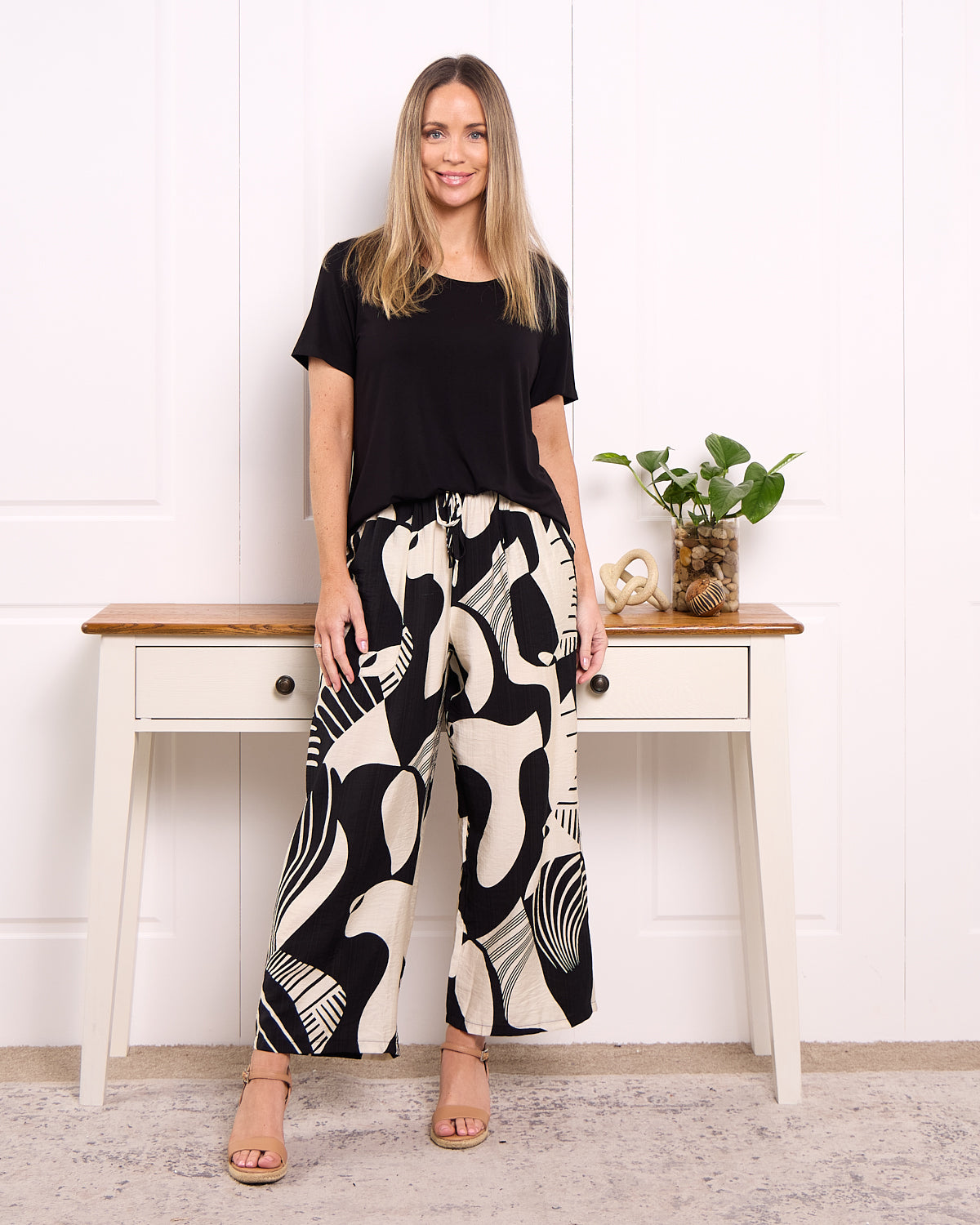 Amanda Wide Leg Pants - Black/Cream Print