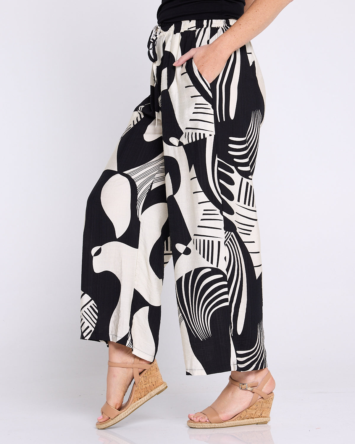 Amanda Wide Leg Pants - Black/Cream Print