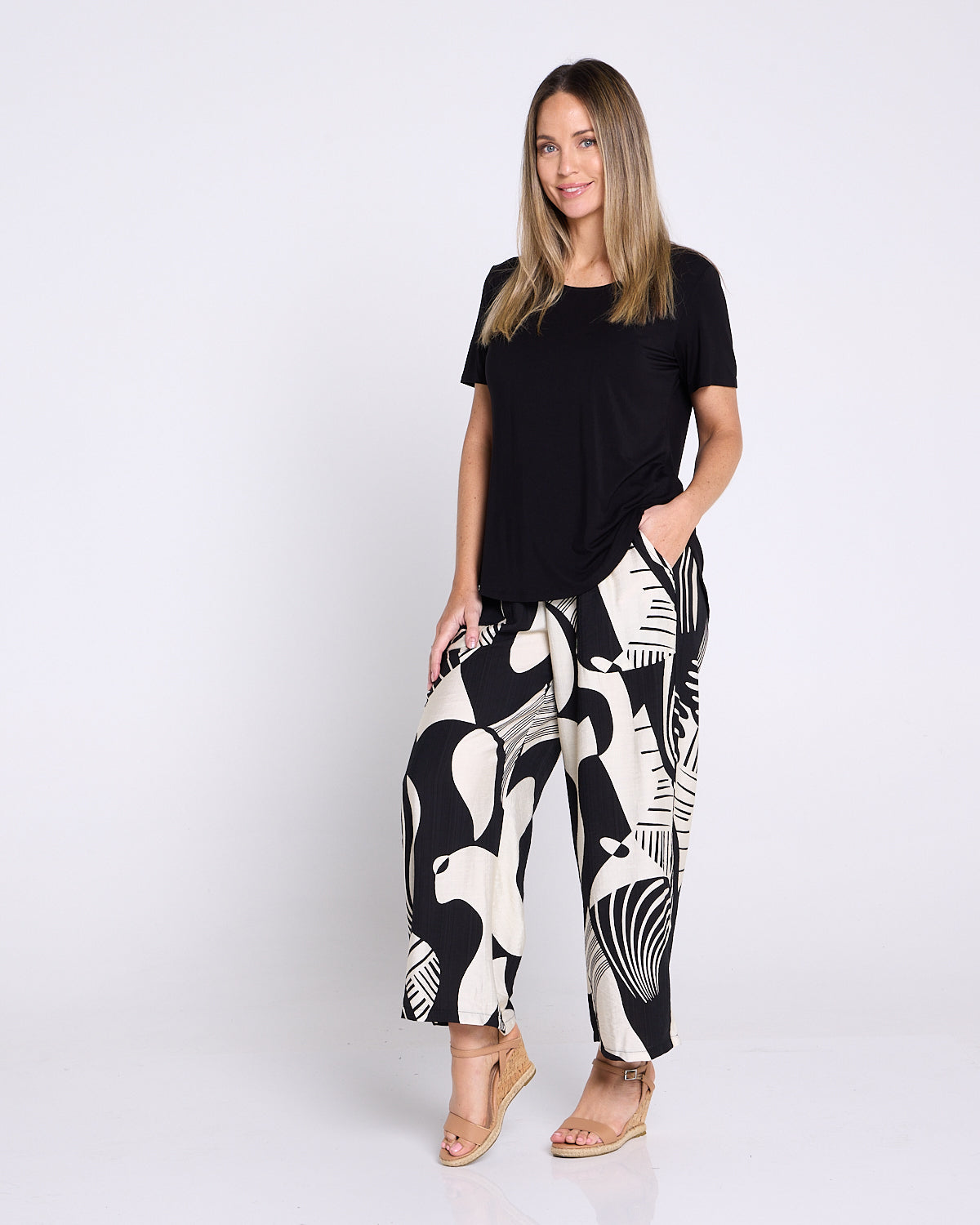 Amanda Wide Leg Pants - Black/Cream Print
