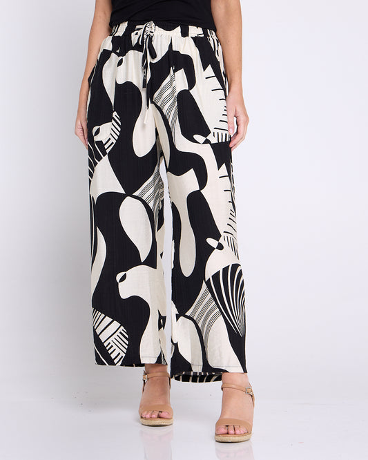 Amanda Wide Leg Pants - Black/Cream Print