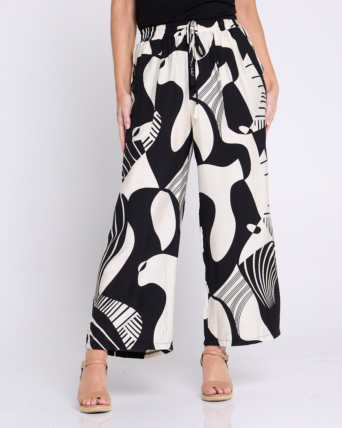 Amanda Wide Leg Pants - Black/Cream Print