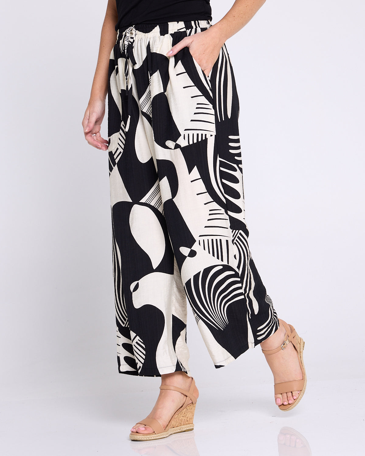 Amanda Wide Leg Pants - Black/Cream Print