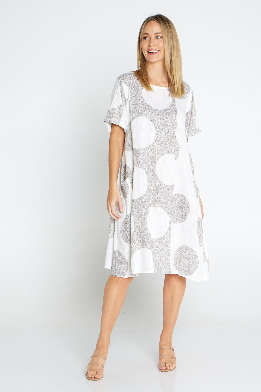 Amayah Linen Dress - Brown/White Circles