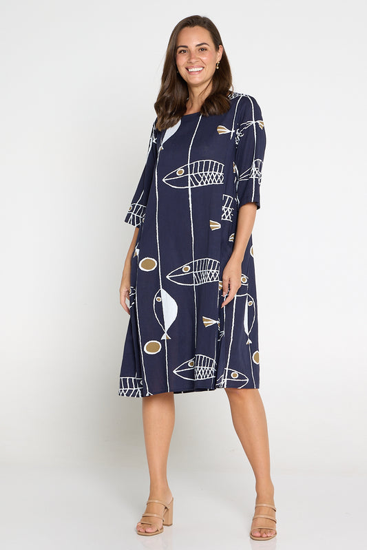 Amayah Sleeved Linen Dress - Navy Sea Life