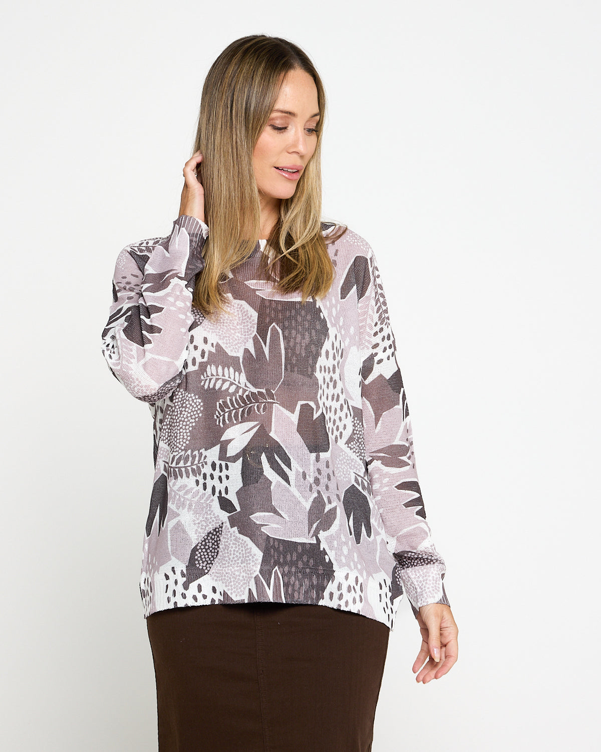Amina Knit Top - Choc Botanical