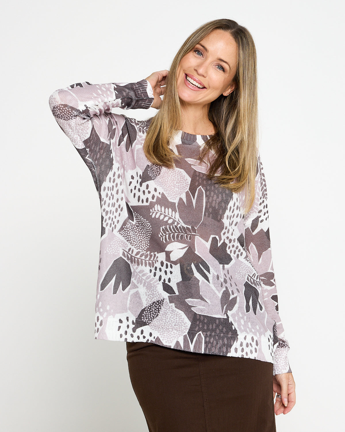 Amina Knit Top - Choc Botanical