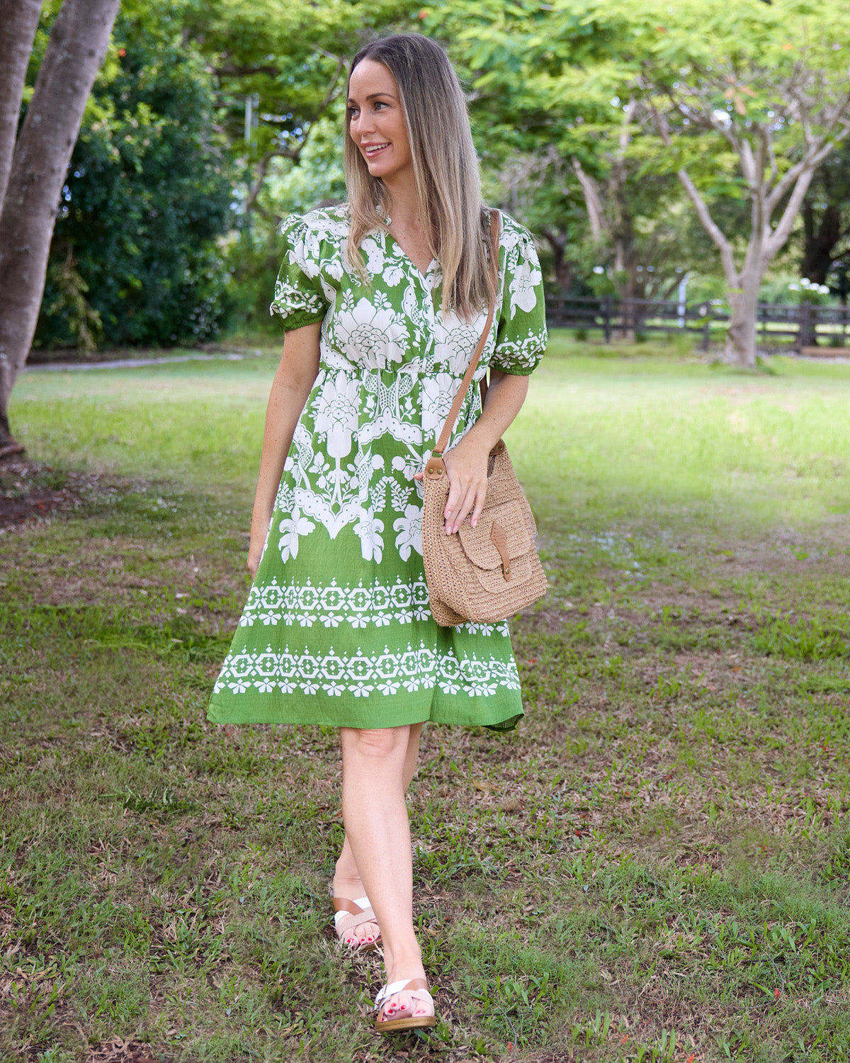 Angelina Dress – Green Porcelain Floral