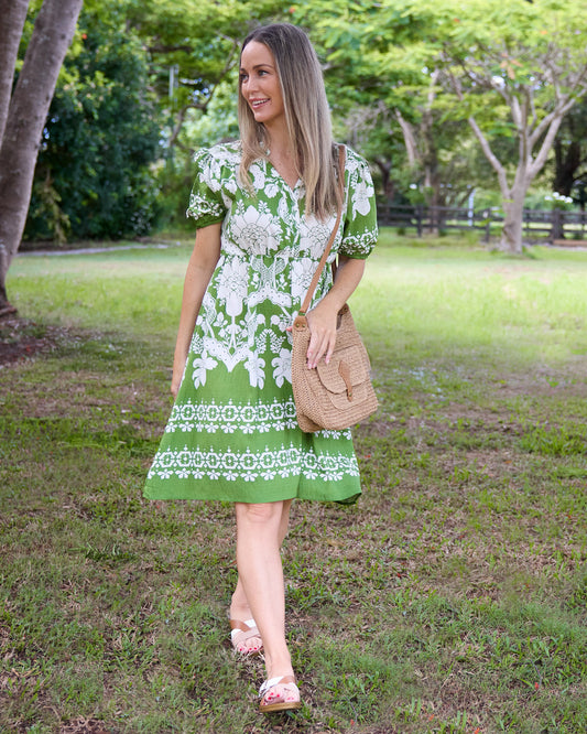Angelina Dress – Green Porcelain Floral