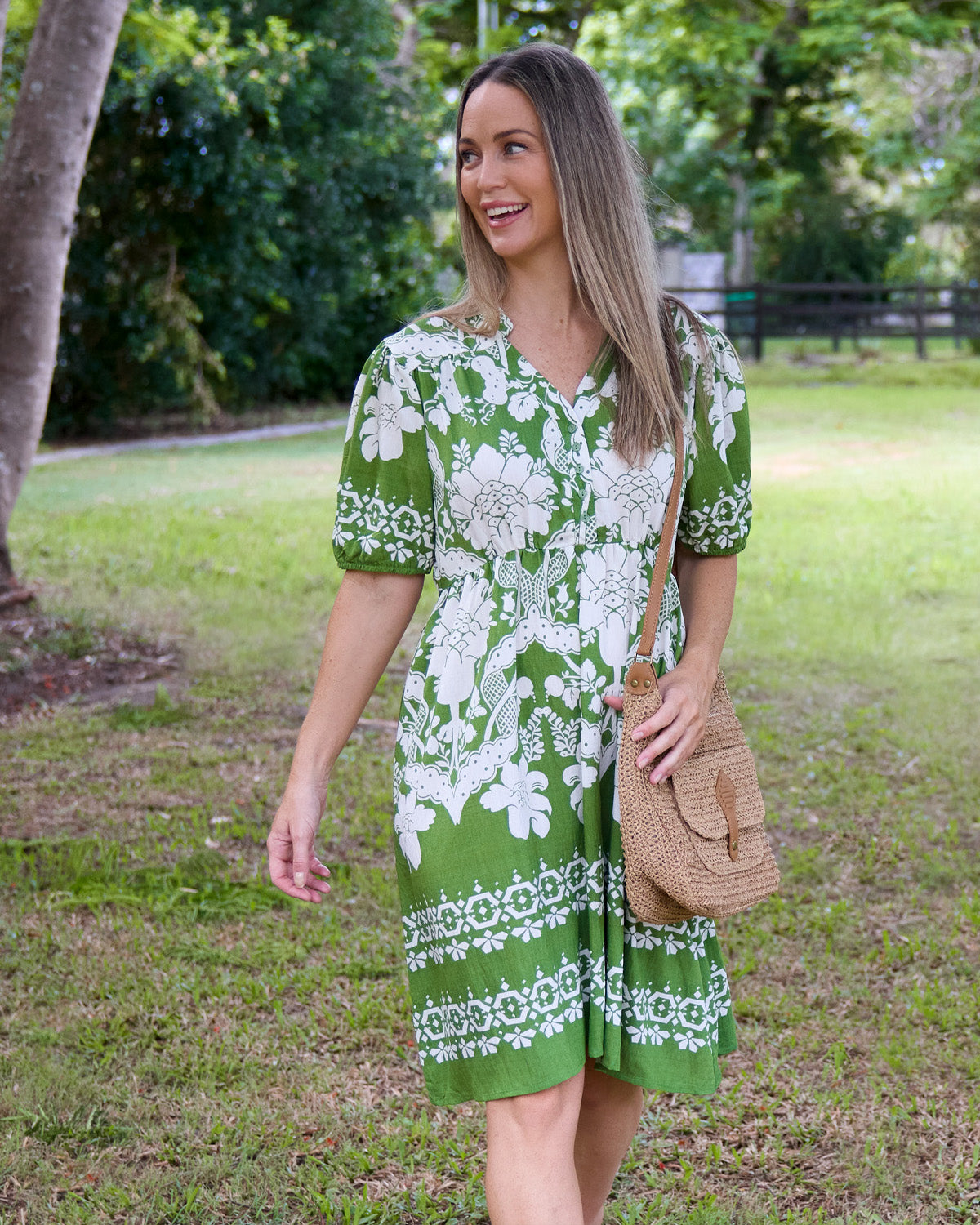 Angelina Dress – Green Porcelain Floral