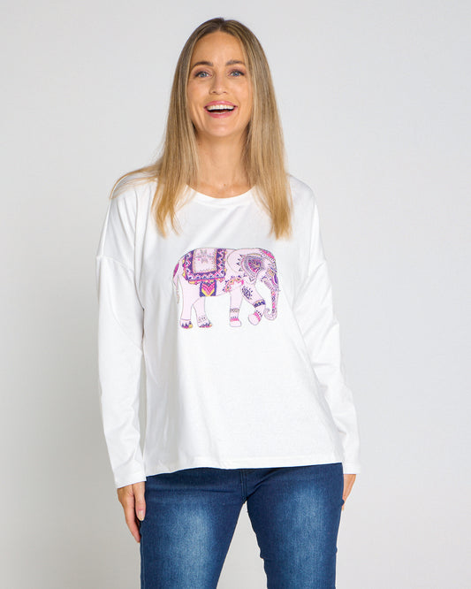 Anika Long Sleeve Fleece Tee - White Elephant