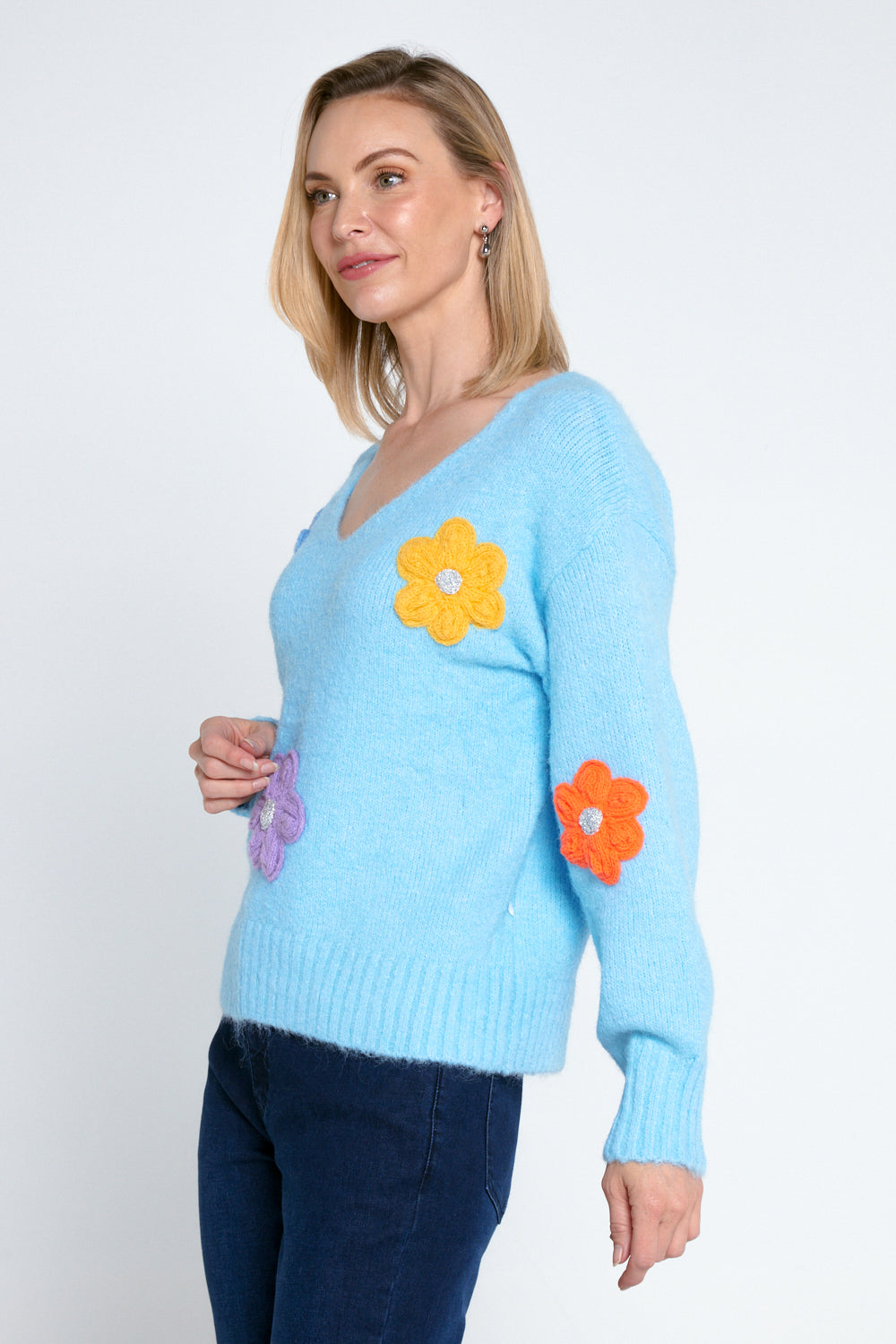 Applique Flower Knit Jumper Blue TULIO Fashion