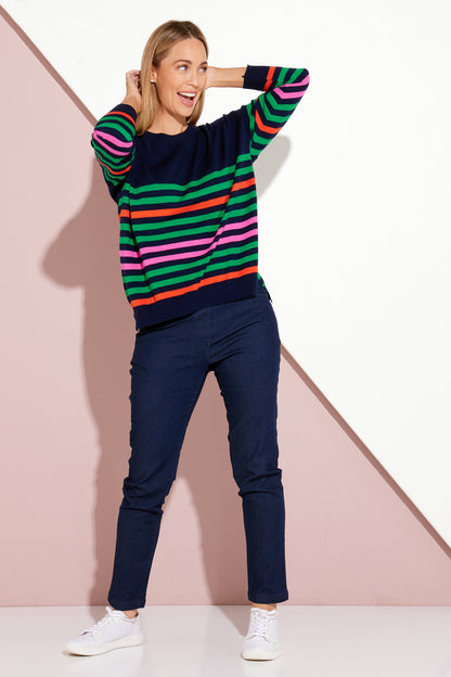 Ariana Knit Top - Navy/Green Stripe