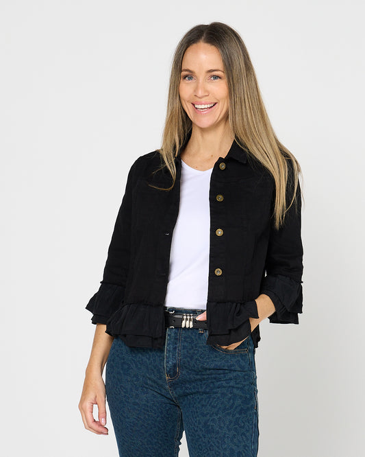 Leelah Cropped Ruffle Denim Jacket - Black