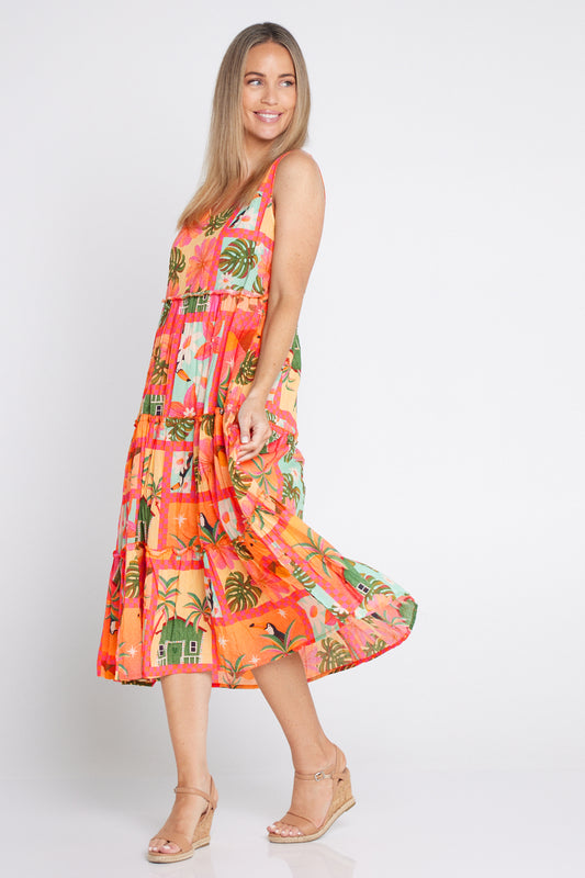 Audrey Tiered Midi Dress - Coral