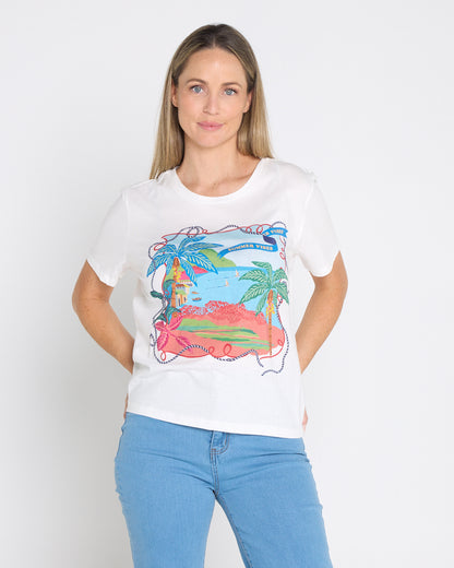 Ellia Crew Tee - White/Rio Beach Print