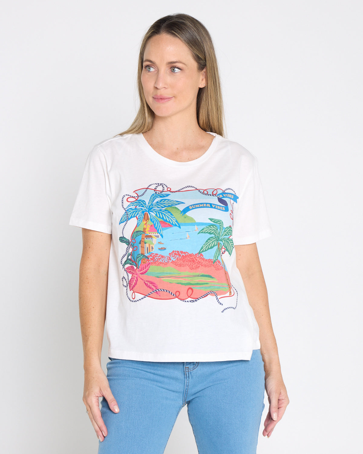 Ellia Crew Tee - White/Rio Beach Print
