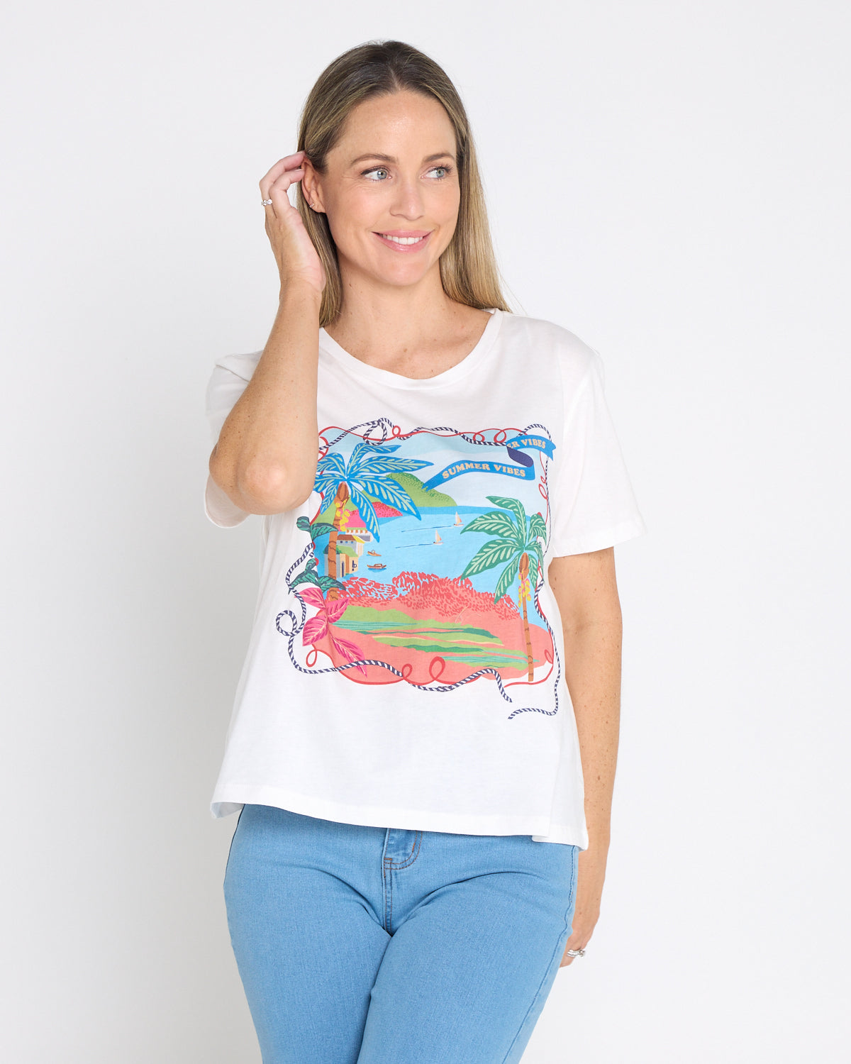Ellia Crew Tee - White/Rio Beach Print