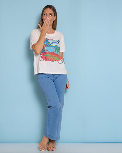 Ellia Crew Tee - White/Rio Beach Print