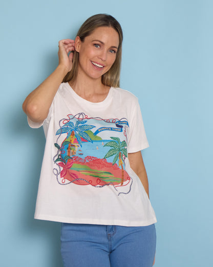 Ellia Crew Tee - White/Rio Beach Print