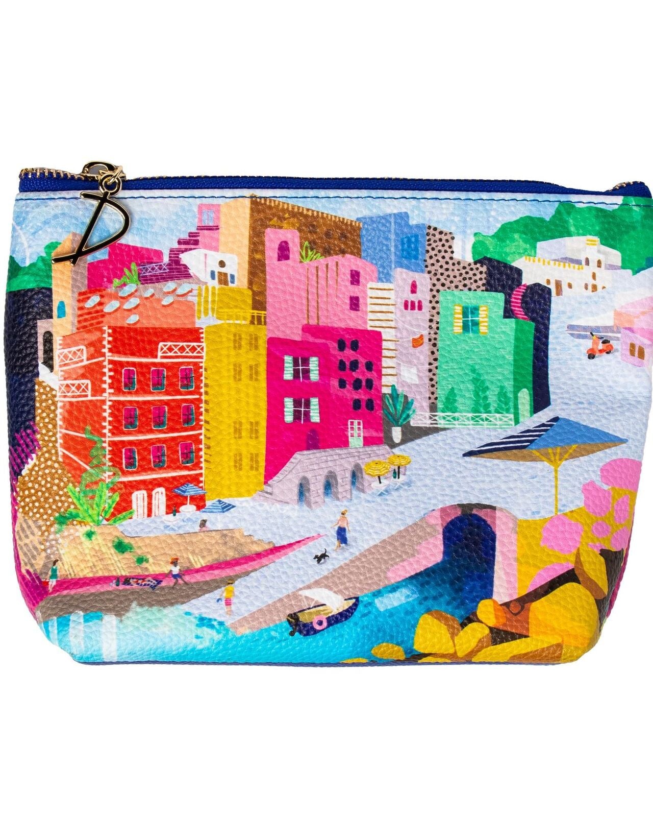 Colorful pouch with a cityscape design on a white background