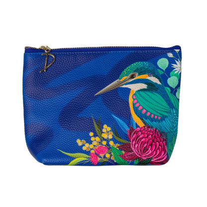 Blue pouch with a heron and floral design on a white background