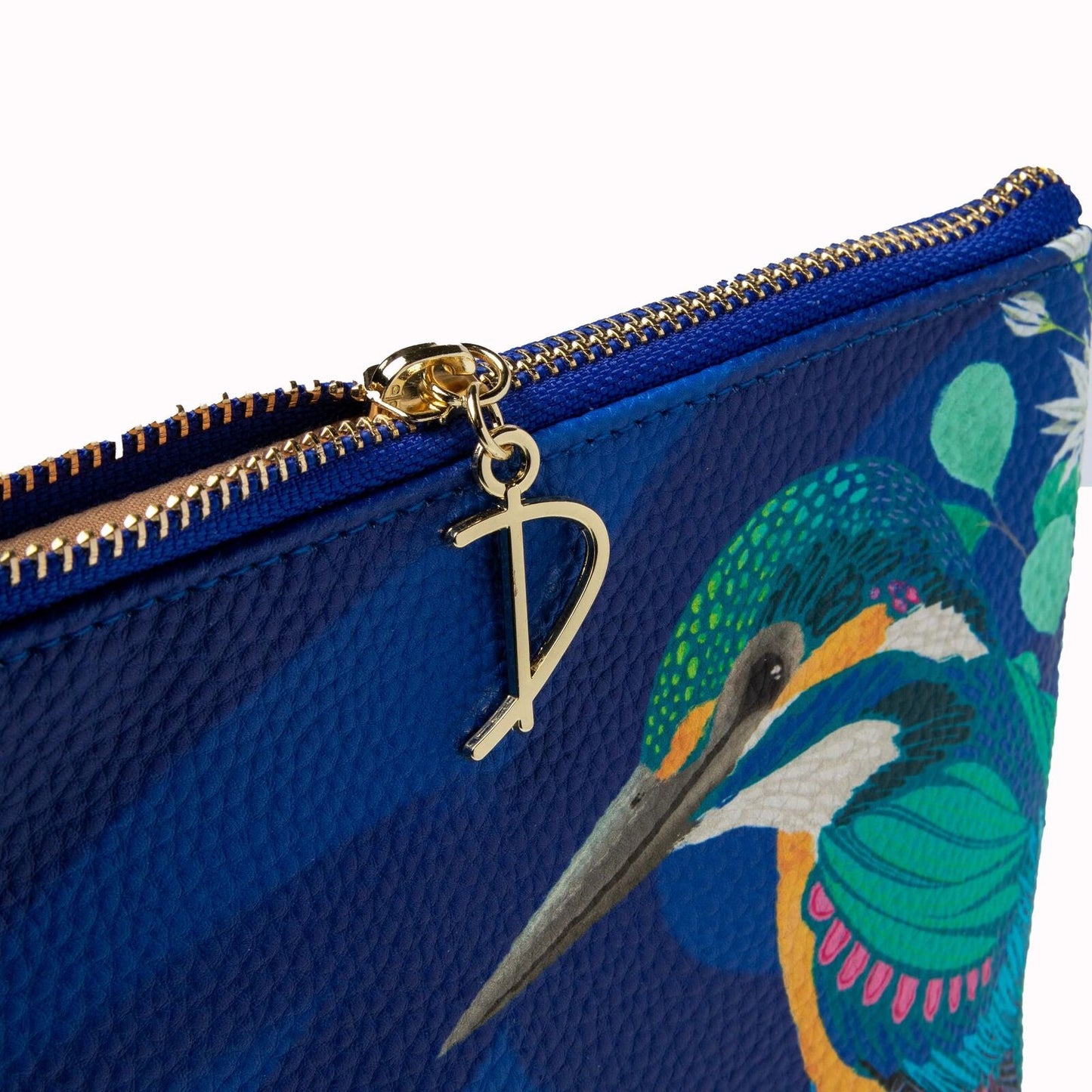 Blue pouch with a colorful bird design and gold zipper, featuring a visible brand logo.