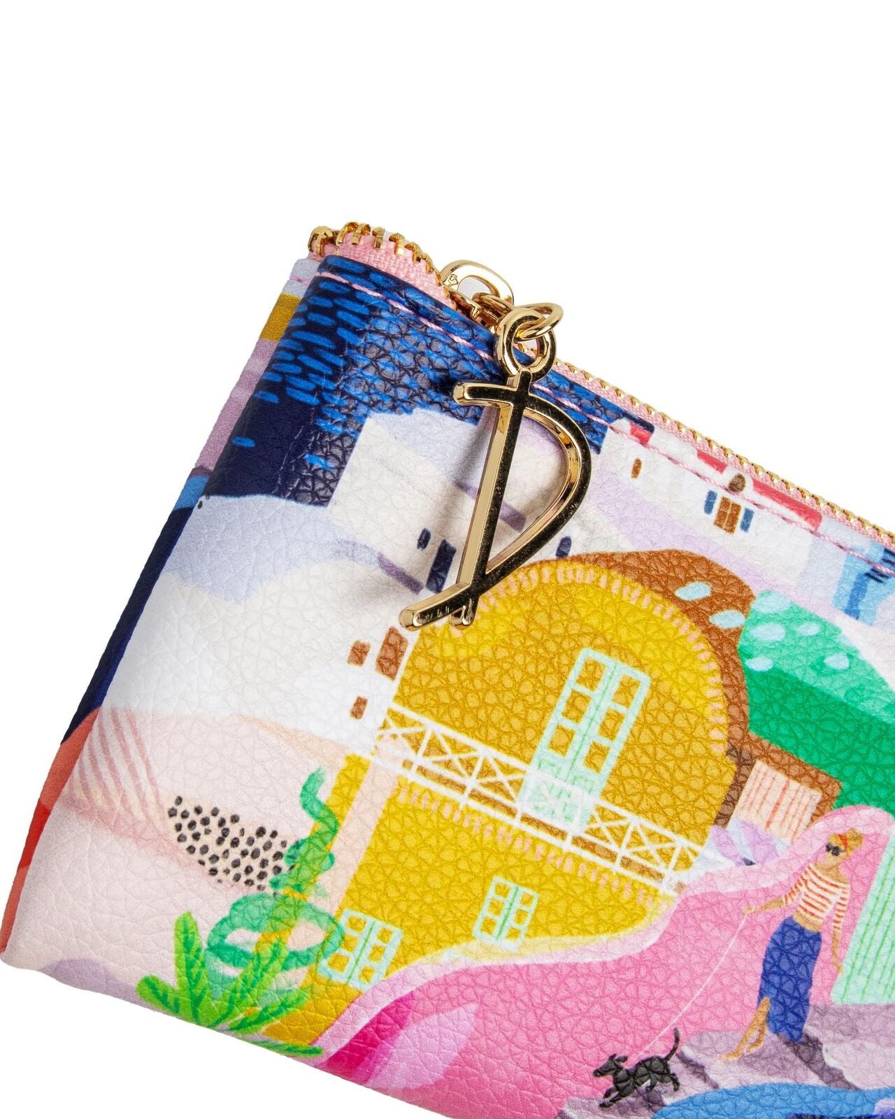Colorful pouch with a keychain featuring a house design on a white background