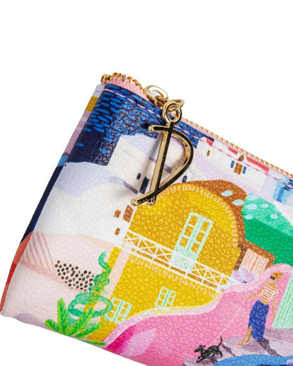 Colorful pouch with a keychain featuring a house design on a white background