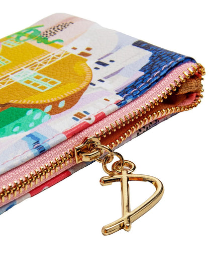 Colorful pouch with a gold zipper and keychain on a white background