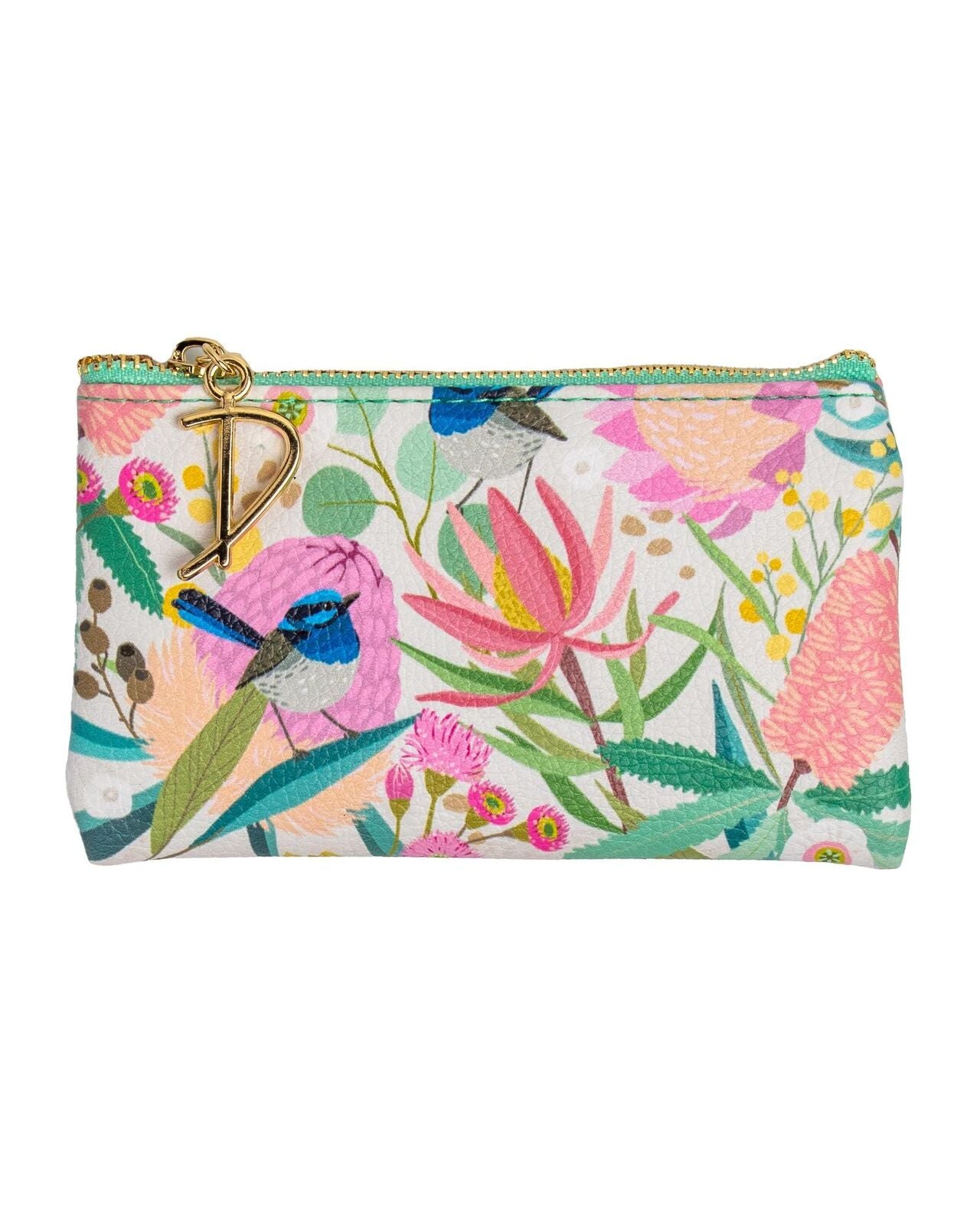 Floral and bird patterned pouch with gold zipper on a white background