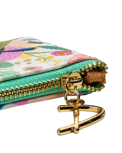 Floral-patterned pouch with a gold zipper and matching keychain on a white background