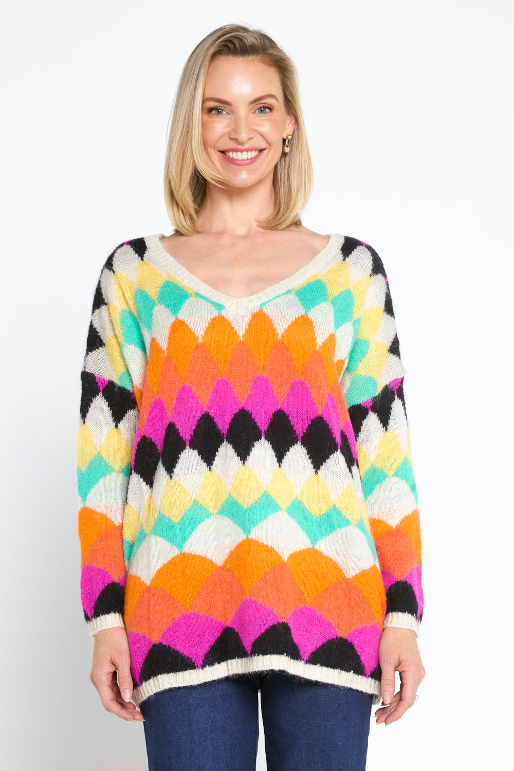 Argyle Knit Jumper - Cream/Rainbow