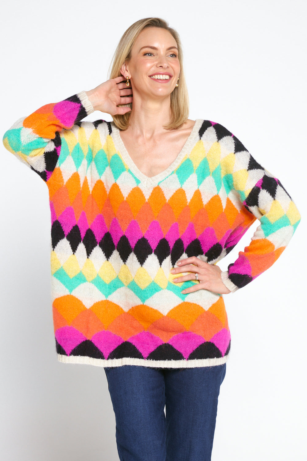 Argyle Knit Jumper - Cream/Rainbow