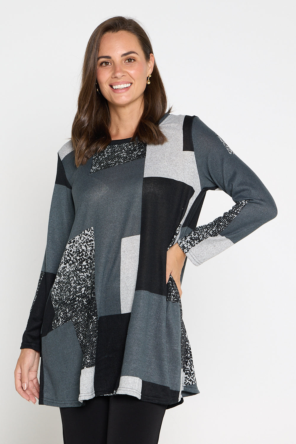 Barb Knit Top - Charcoal Geo Patch